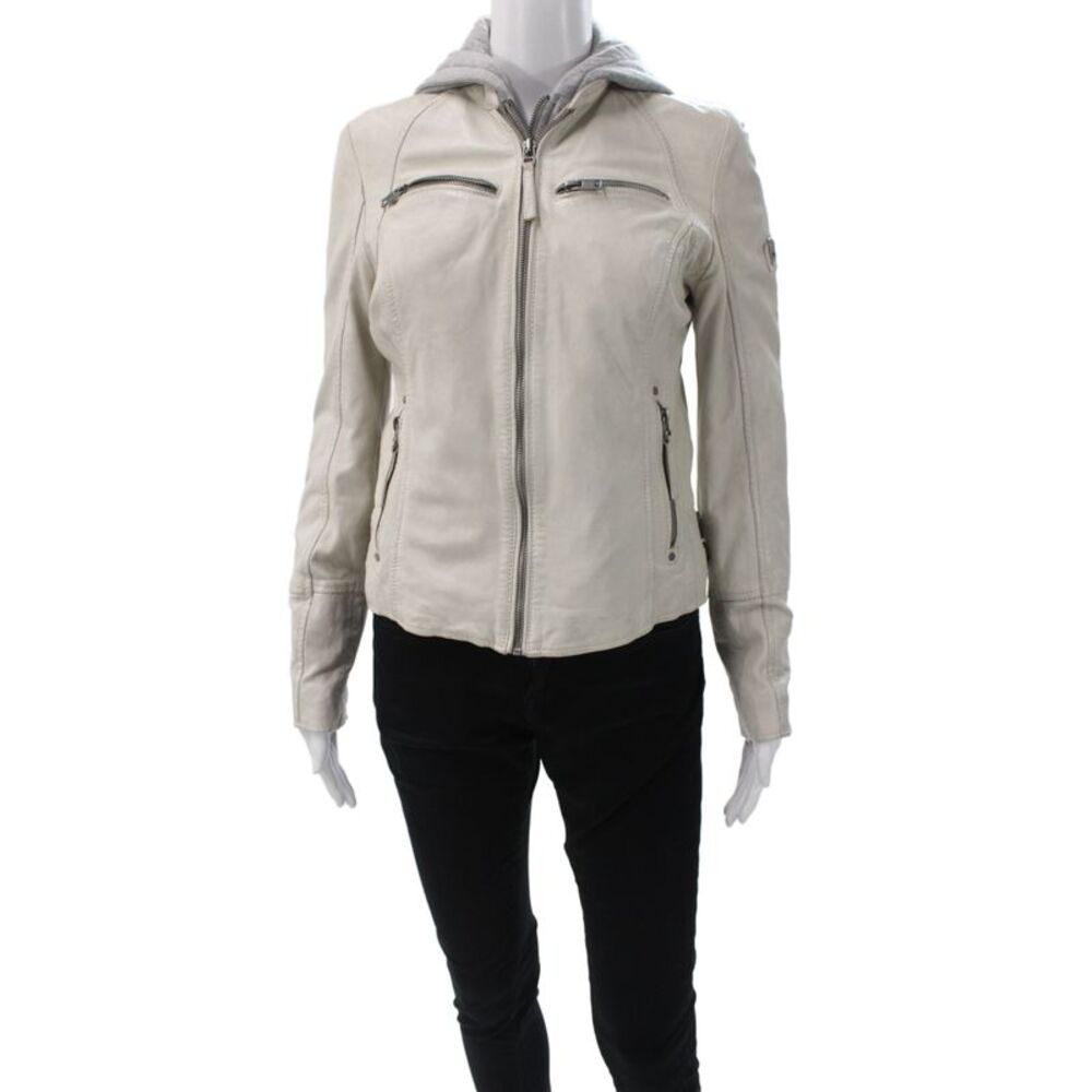 Mauritius Womens Biker Leather Jacket Beige Zip Long Sleeve Size S